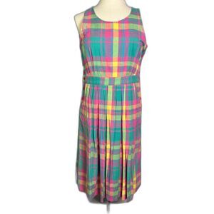 Carmel Vintage 90s, Sz S, Madras Bright Plaid Multicolor Dress, Pleated Pockets
